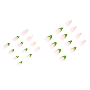 Short almond press-on nails with green French tips and white daisy floral patterns