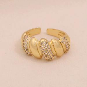 Adjustable golden twisted line ring with pave zircon stones in geometric minimalist style