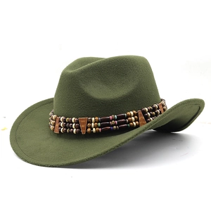 Chapeau de cowboy western vert foncé en laine avec ruban de perles ethniques
