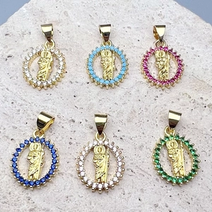 Religious Saint Jude Jesus Round Pendant 18K Gold Plated Copper Micro Pave Cubic Zirconia DIY Jewelry Making Accessory