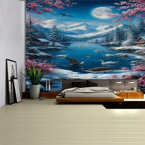 Detalle de tapiz de pared con montaña y flores para decoración de dormitorio moderno