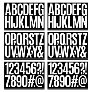 Detail of 3-inch white vinyl alphabet and number stickers with bold black background