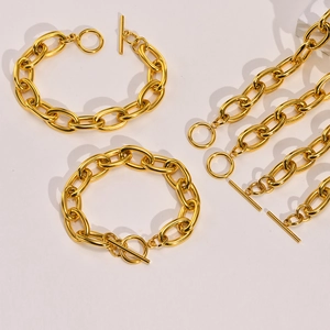 Polished 18k gold plated chunky chain necklace and bracelet set with OT toggle clasp