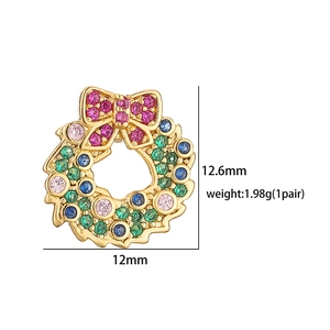 Detailed Christmas wreath earrings with colorful zircons, size 12.6mm by 12mm