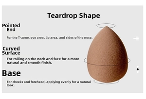 Macro detail of teardrop makeup sponge showing tip, curved surface and flat base