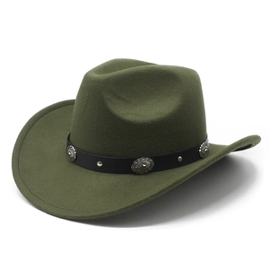 Dark green western cowboy hat with black leather band and silver floral ornaments