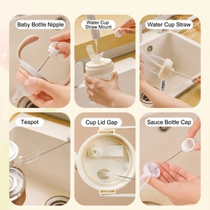 Versatile long handle cup brush and crevice cleaning set for bottles and straws