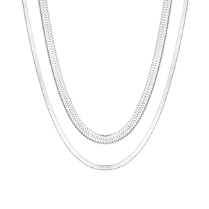 Double-layered silver titanium steel herringbone flat snake chain necklaces set