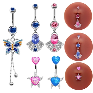 Sexy Zinc Alloy Heart Butterfly Tassel Belly Ring For Women Fashion Rhinestone Body Piercing Jewelry Artificial Opal Navel Ring Gift