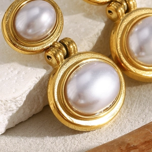 18K gold plated geometric earrings with double oval faux pearl inlays for women