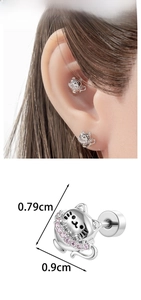 Detailed view of silver cat cartilage stud earrings with pink cubic zirconia stones