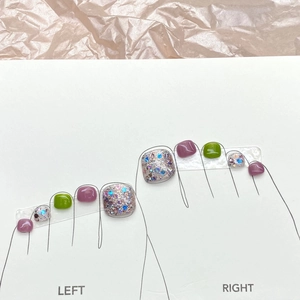 Sparkly purple and green glitter press-on toenails kit with iridescent sequin finish