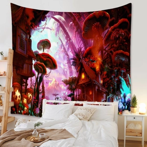 Detail of bohemian mushroom tapestry with fantasy forest and starry sky in bedroom