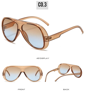 Three views of amber aviator sunglasses with blue gradient lenses and resin frame