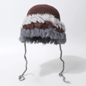 Winter knitted plush hat with color-block fur trim and stylish braided tie strings