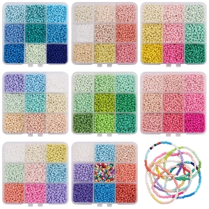 Detailed grid view of 72 color seed bead sets in storage boxes with a sample bracelet