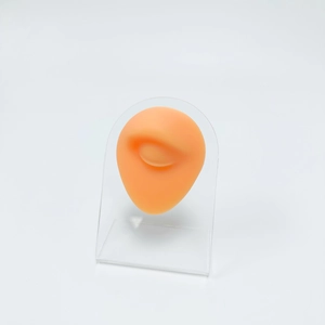 Detailed silicone eye model on acrylic stand for makeup and piercing practice