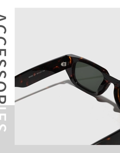 Detail view of tortoiseshell sunglasses frame with metal hinge and spec engraving