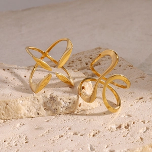 Polished gold plated stainless steel open rings with geometric and fluid curve designs