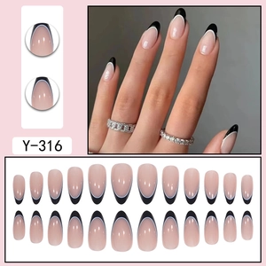 Y-316 French style almond press on nails with nude base and black tips 24pcs set