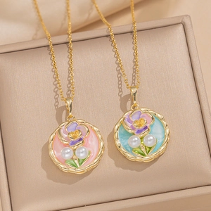 French Vintage Titanium Steel Enamel Floral Pendant Necklace With Imitation Artificial Pearls Baroque Style Luxury For Women