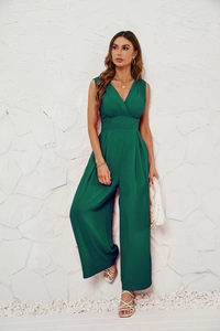 Detail of dark green sleeveless v-neck jumpsuit with a high-waisted wide-leg design