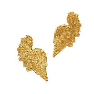 Punk style golden leaf stud earrings with detailed vein texture on white background