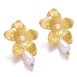 Boucles d'oreilles fleurs en acier inoxydable plaqué or 18k avec perles blanches