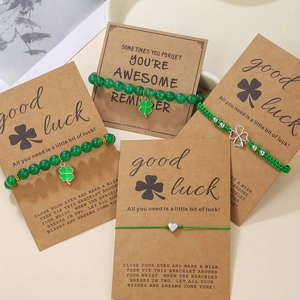 Lucky Four Leaf Clover Heart Charm Bracelet Green Glass Beads Adjustable Braided Rope St Patricks Day Jewelry Gift