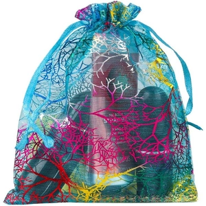 Blue organza drawstring pouch with colorful glitter branch pattern for jewelry gifts