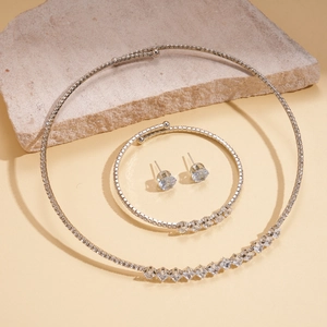 Luxury geometric silver jewelry set with square zircon necklace, bracelet and earrings