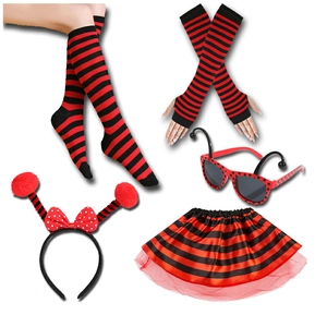 Detailed components of ladybug costume set featuring red polka dot skirt and striped socks