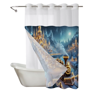 Winter castle waffle shower curtain with hookless rings and majestic steam train scene