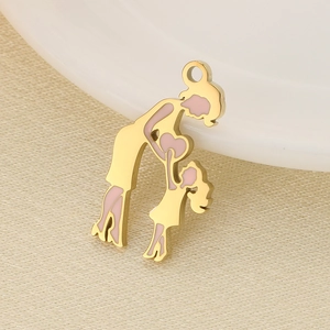 Detail of golden mother and child pendant with pink enamel heart silhouette charms