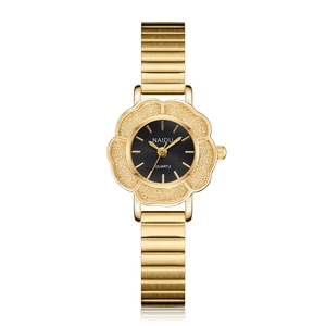 Montre vintage dorée en forme de fleur pour femme avec cadran noir et bracelet métal