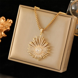 Stainless Steel Copper Gold Plated Starburst Pendant Necklace For Women Luxury Rhinestone Inlaid Geometric Burst Necklace Jewelry