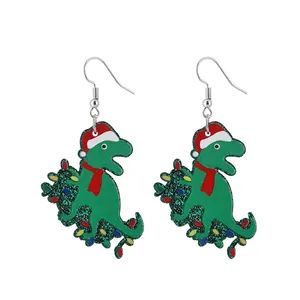 Christmas dinosaur acrylic earrings with glitter, Santa hat and festive lights design