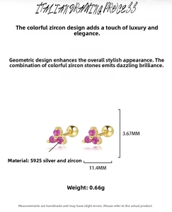 Detailed specs of S925 silver clover earrings with pink zircon and gold finish