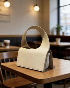 Detail of a minimalist cream leather handbag with unique semi-circular handle on wood surface
