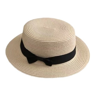 Summer woven straw sun hat with black bow ribbon on a clean white background