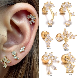Stainless Steel Bar Copper Zirconia Flower Cartilage Stud Earrings Fashion Star Geometric Piercing Jewelry Screw Back Women