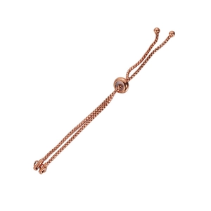 Detail of rose gold stainless steel box chain with adjustable sliding bead and round charms