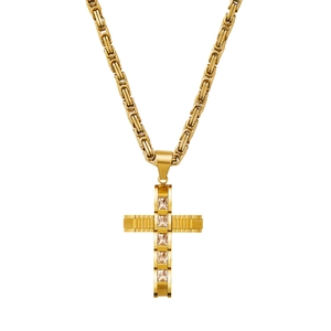 Goldene Byzantiner-Halskette mit Kreuzanhänger und klaren quadratischen Edelsteinen