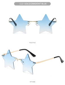 Detail view of star-shaped rimless sunglasses with gold frame and gradient blue lenses
