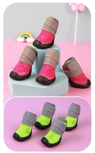 Detail view of breathable mesh dog shoes with anti-slip rubber soles and velcro straps