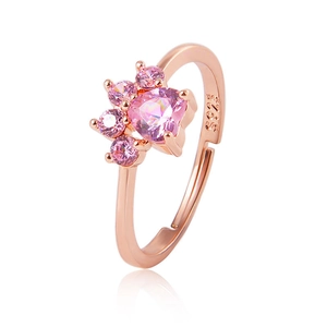 Rose gold adjustable cat paw ring featuring pink heart and round cubic zirconia stones
