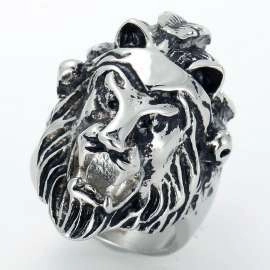 Punk rock style silver lion head ring for men with intricate carved metal details