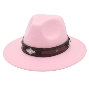 Close-up of pink felt fedora with a brown leather belt featuring a vintage carved metal buckle