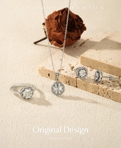 Close-up of S925 silver jewelry set featuring octagonal stones with S925 hallmark
