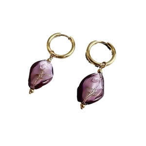Retro 18K gold stainless steel hoop earrings with purple flower glass pendants